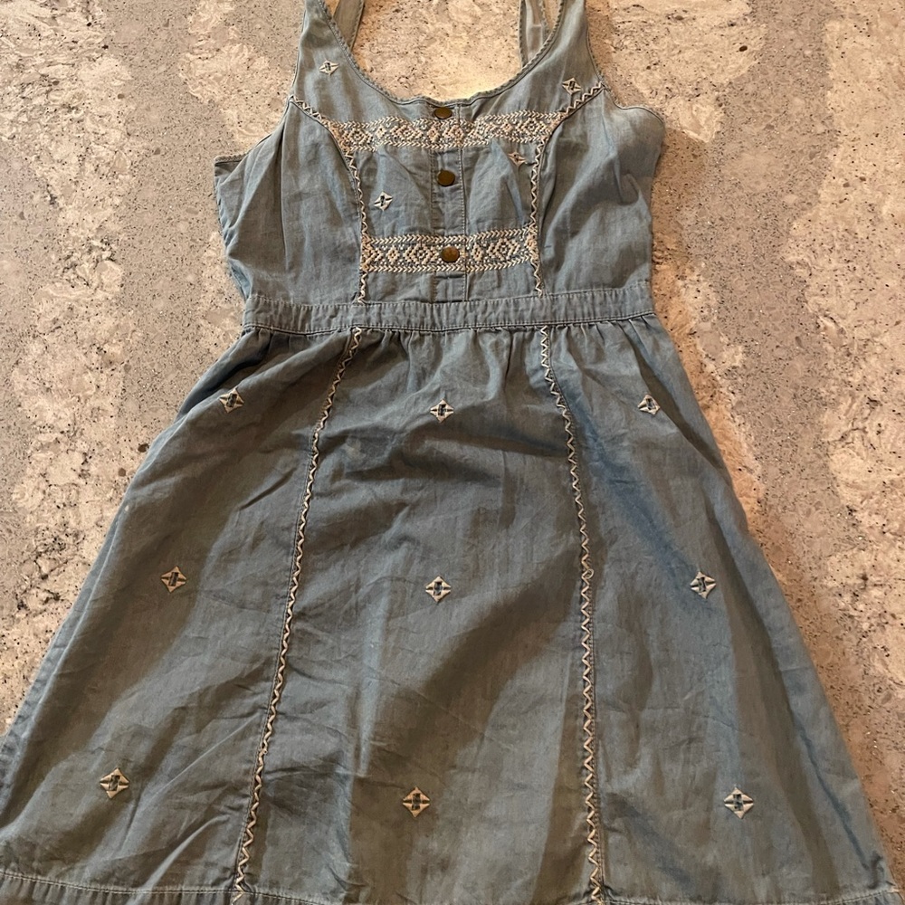 Small jean denim dress with white embroidery
